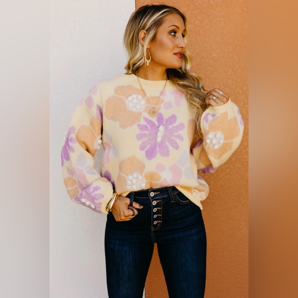 (A10) NWOT So Me Yellow Purple Pastel Flower 3D Pom Pom Bomber Sweater Top‎ S